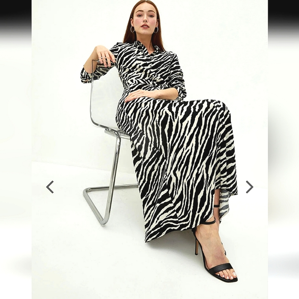 Nwot LC Waikiki Classic Longsleeve White/Black/Tan Animal Print Maxidress - Picture 10 of 16